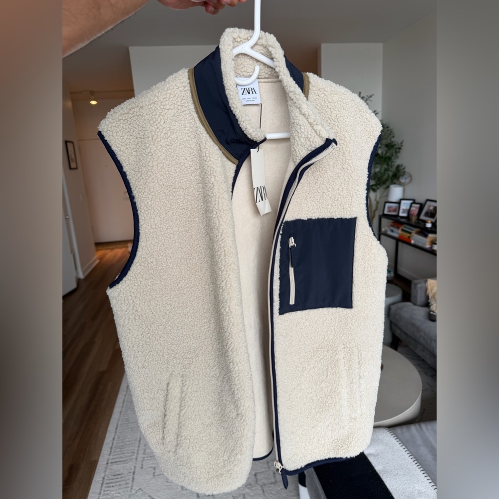 ZARA Cream Sherpa Vest with Navy Pocket Trim